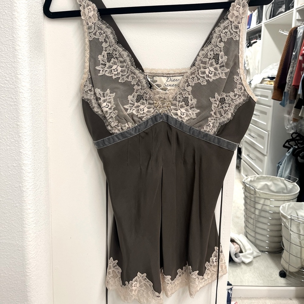 Dark green and beige silk and lace top